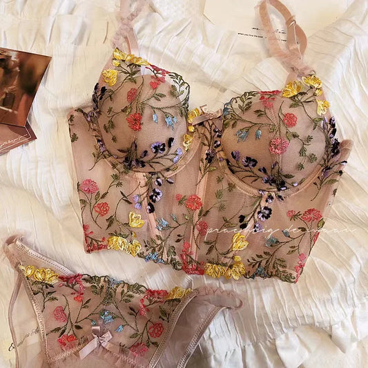 6 Breasted Extended Embroidered Bra And Panty Set, Floral Lace Women Underwear Sexy Female Thin Cotton Cup Push Up Lingerie Suit