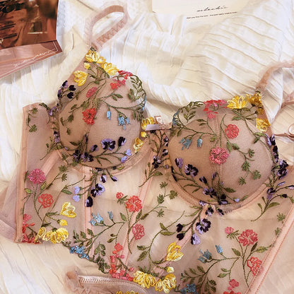 6 Breasted Extended Embroidered Bra And Panty Set, Floral Lace Women Underwear Sexy Female Thin Cotton Cup Push Up Lingerie Suit