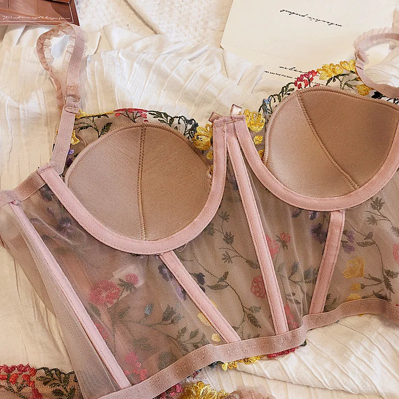 6 Breasted Extended Embroidered Bra And Panty Set, Floral Lace Women Underwear Sexy Female Thin Cotton Cup Push Up Lingerie Suit