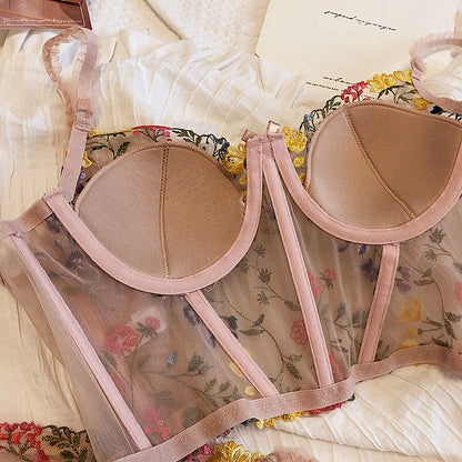 6 Breasted Extended Embroidered Bra And Panty Set, Floral Lace Women Underwear Sexy Female Thin Cotton Cup Push Up Lingerie Suit