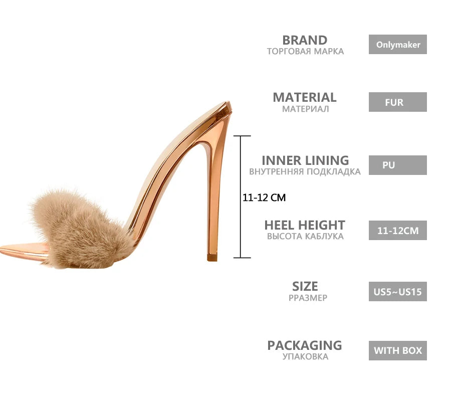 Onlymaker Women Peep Toe Mules Artificial Fur Slip On Gold White Thin High Sandals Big Size High Quality Summer Brand Heels