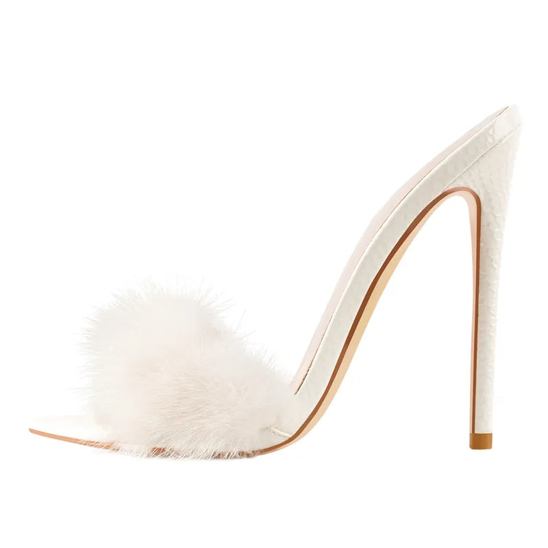 Onlymaker Women Peep Toe Mules Artificial Fur Slip On Gold White Thin High Sandals Big Size High Quality Summer Brand Heels