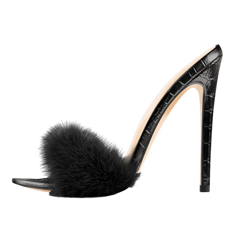 Onlymaker Women Peep Toe Mules Artificial Fur Slip On Gold White Thin High Sandals Big Size High Quality Summer Brand Heels
