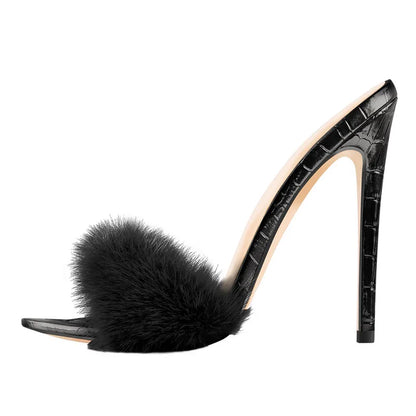 Onlymaker Women Peep Toe Mules Artificial Fur Slip On Gold White Thin High Sandals Big Size High Quality Summer Brand Heels