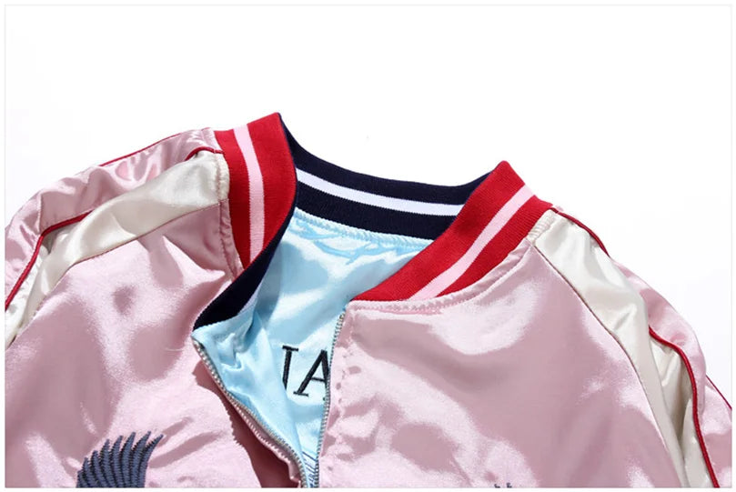 Double Sided Satin Baseball Jacket Women Sukajan Bomber Jacket Female Girls Embroidery Coat 2026 Spring Autumn Pink Z1