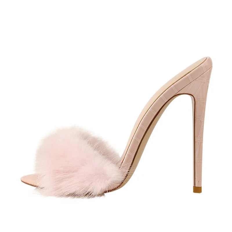 Onlymaker Women Peep Toe Mules Artificial Fur Slip On Gold White Thin High Sandals Big Size High Quality Summer Brand Heels
