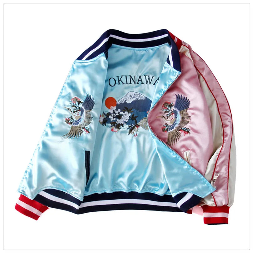 Double Sided Satin Baseball Jacket Women Sukajan Bomber Jacket Female Girls Embroidery Coat 2026 Spring Autumn Pink Z1