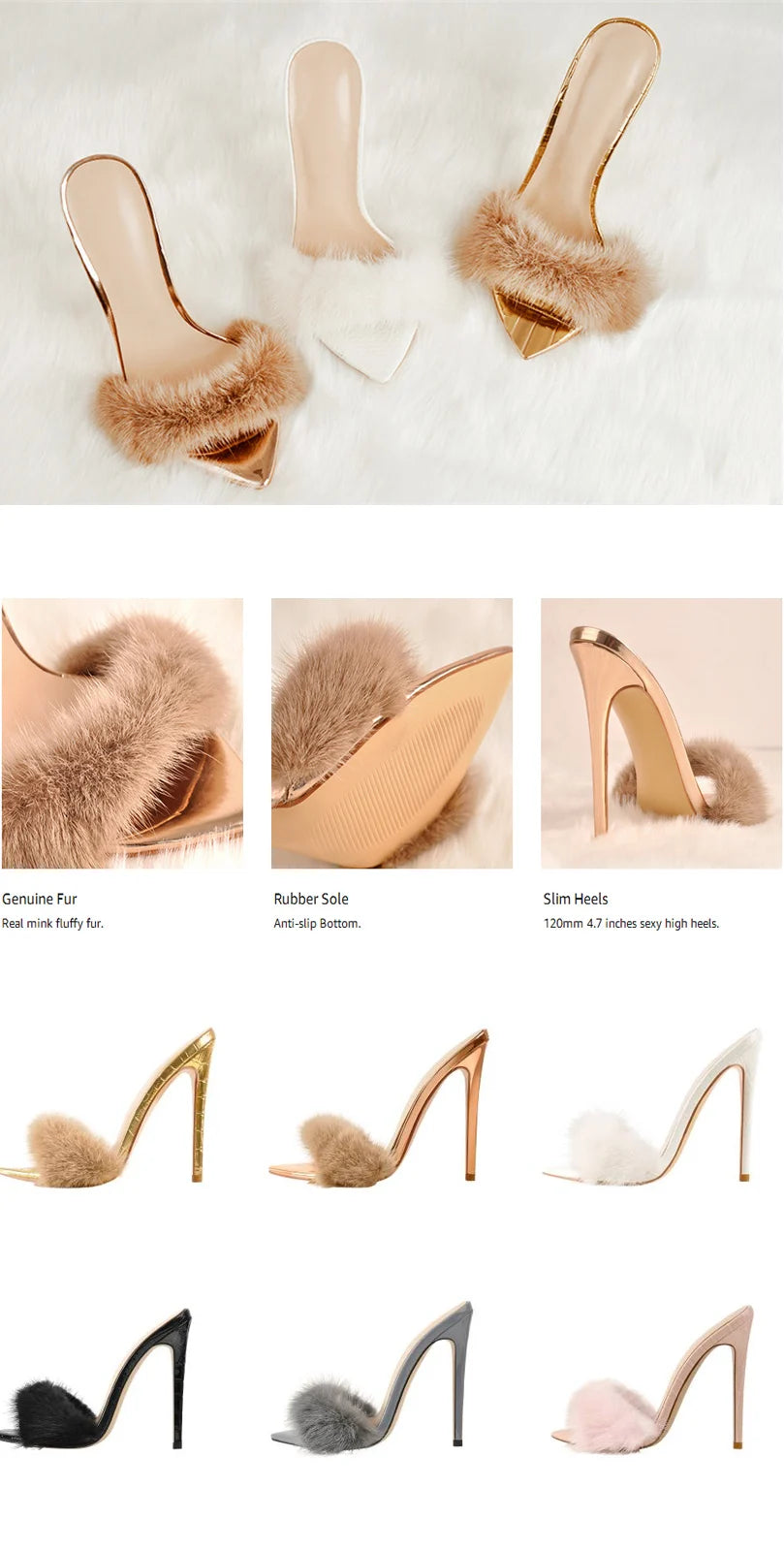 Onlymaker Women Peep Toe Mules Artificial Fur Slip On Gold White Thin High Sandals Big Size High Quality Summer Brand Heels