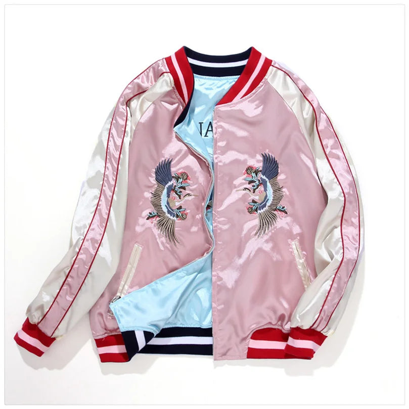 Double Sided Satin Baseball Jacket Women Sukajan Bomber Jacket Female Girls Embroidery Coat 2026 Spring Autumn Pink Z1