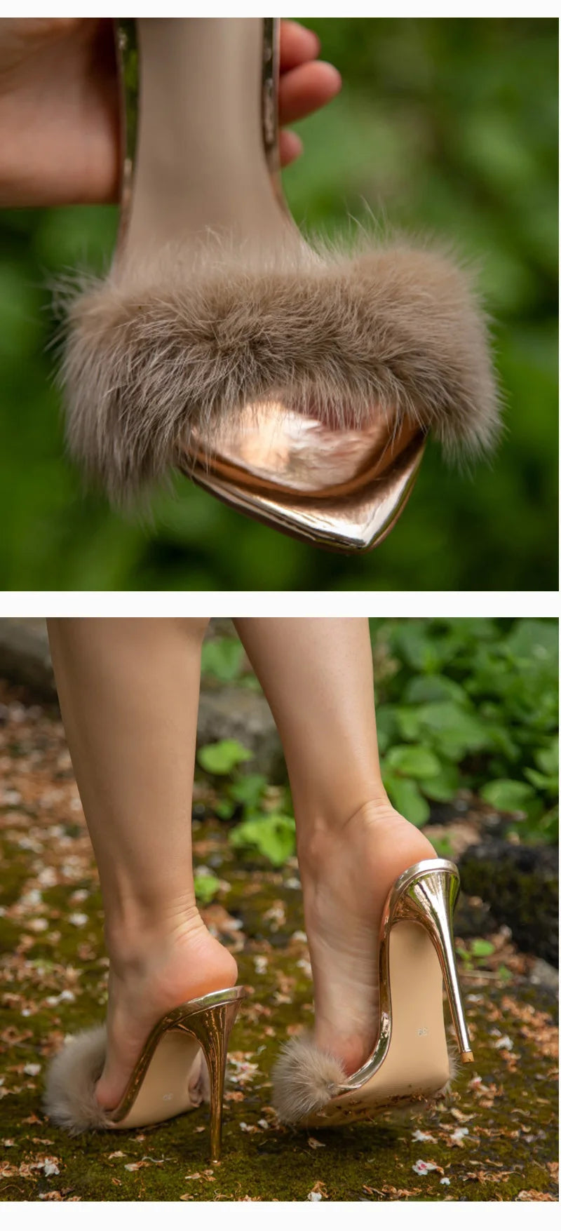 Onlymaker Women Peep Toe Mules Artificial Fur Slip On Gold White Thin High Sandals Big Size High Quality Summer Brand Heels