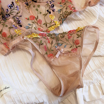 6 Breasted Extended Embroidered Bra And Panty Set, Floral Lace Women Underwear Sexy Female Thin Cotton Cup Push Up Lingerie Suit