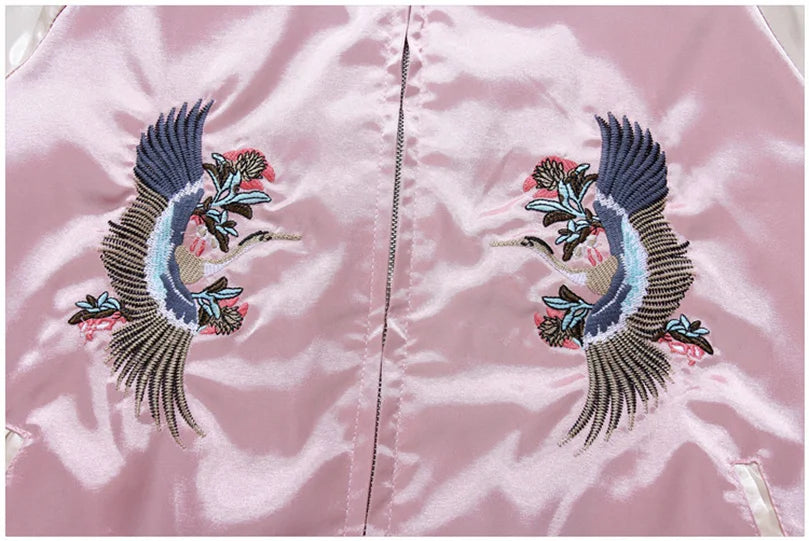 Double Sided Satin Baseball Jacket Women Sukajan Bomber Jacket Female Girls Embroidery Coat 2026 Spring Autumn Pink Z1