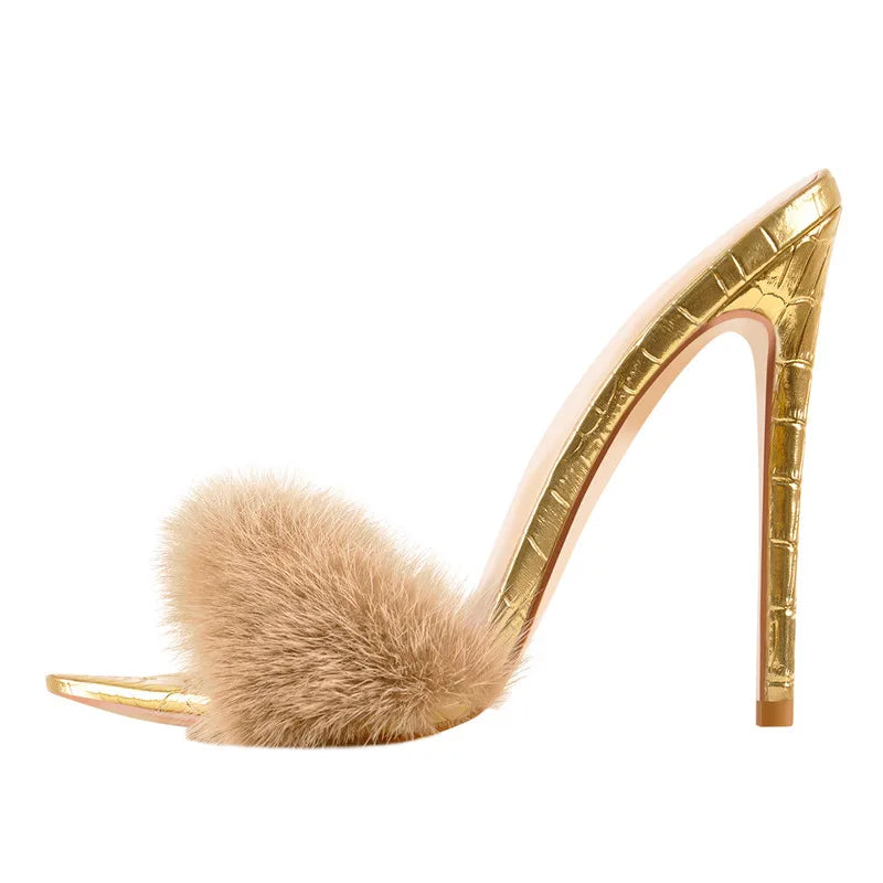 Onlymaker Women Peep Toe Mules Artificial Fur Slip On Gold White Thin High Sandals Big Size High Quality Summer Brand Heels