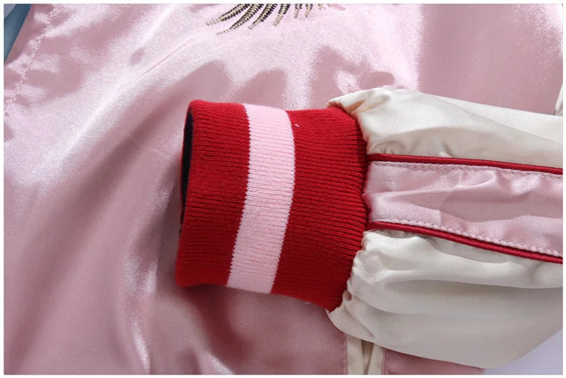 Double Sided Satin Baseball Jacket Women Sukajan Bomber Jacket Female Girls Embroidery Coat 2026 Spring Autumn Pink Z1
