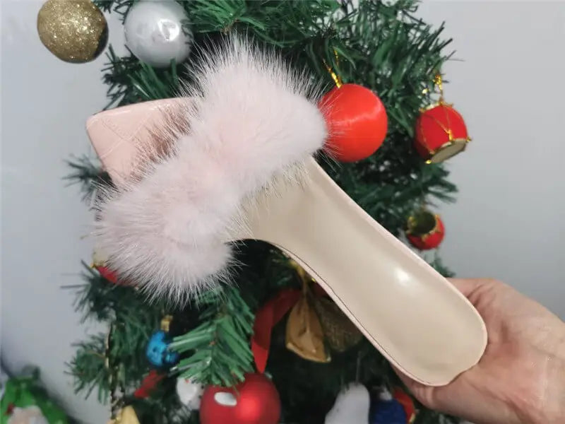 Onlymaker Women Peep Toe Mules Artificial Fur Slip On Gold White Thin High Sandals Big Size High Quality Summer Brand Heels