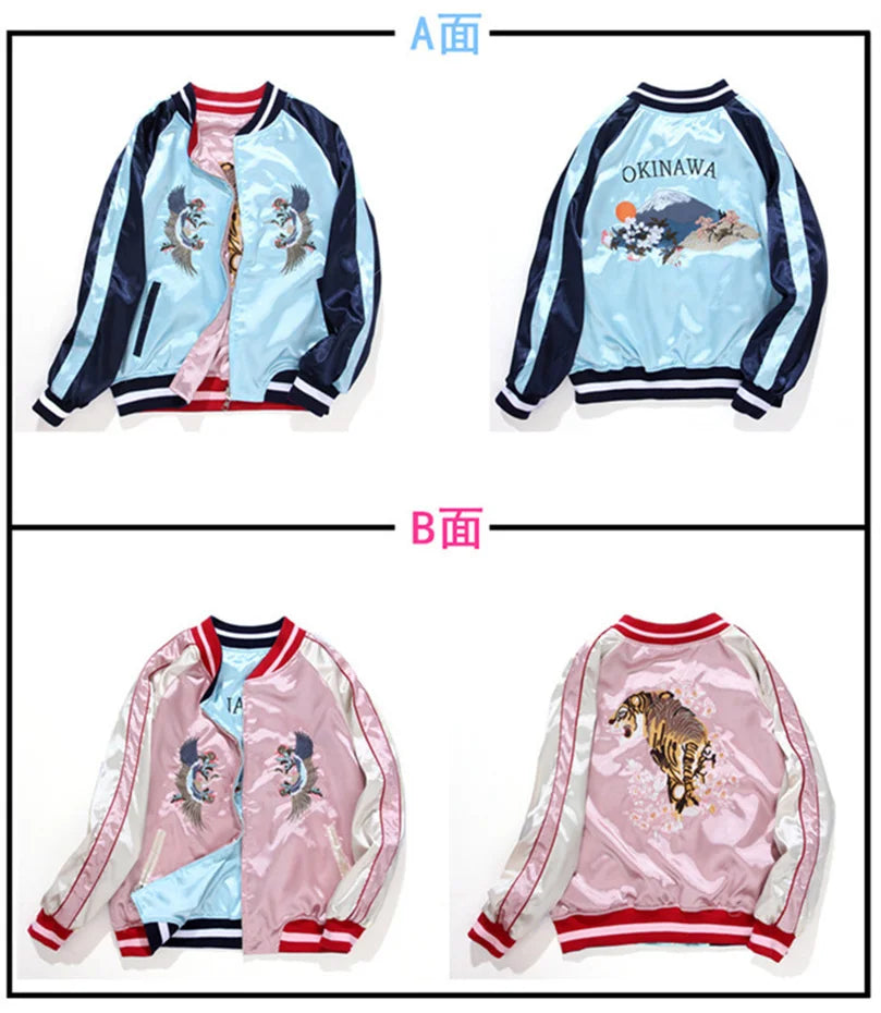 Double Sided Satin Baseball Jacket Women Sukajan Bomber Jacket Female Girls Embroidery Coat 2026 Spring Autumn Pink Z1