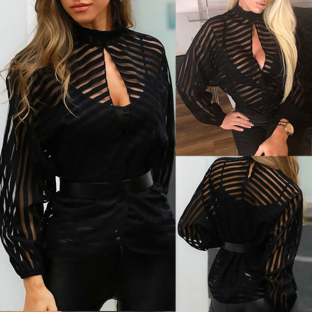 Women Mesh Lace Blouse Pull Long Sleeve Striped Mock Neck Back Button Sheer Shirt Loose Mesh See Through Wild Tops Clothes