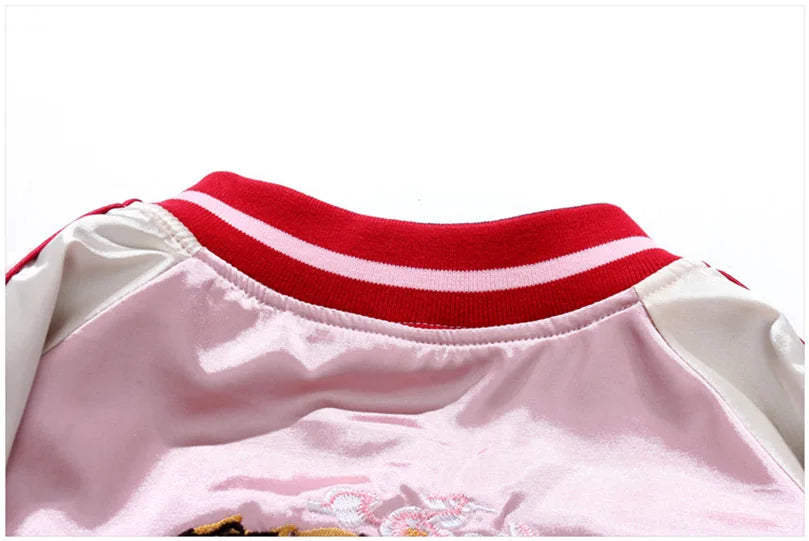 Double Sided Satin Baseball Jacket Women Sukajan Bomber Jacket Female Girls Embroidery Coat 2026 Spring Autumn Pink Z1