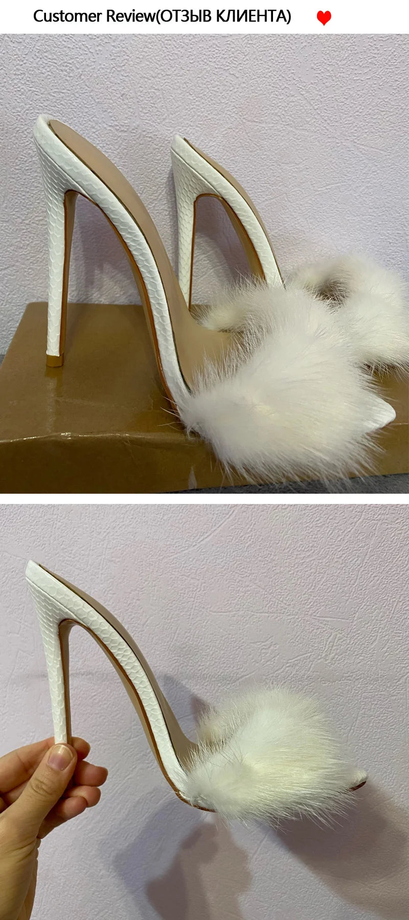 Onlymaker Women Peep Toe Mules Artificial Fur Slip On Gold White Thin High Sandals Big Size High Quality Summer Brand Heels