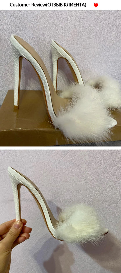 Onlymaker Women Peep Toe Mules Artificial Fur Slip On Gold White Thin High Sandals Big Size High Quality Summer Brand Heels