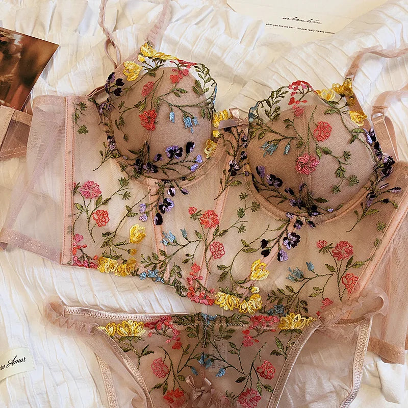 6 Breasted Extended Embroidered Bra And Panty Set, Floral Lace Women Underwear Sexy Female Thin Cotton Cup Push Up Lingerie Suit