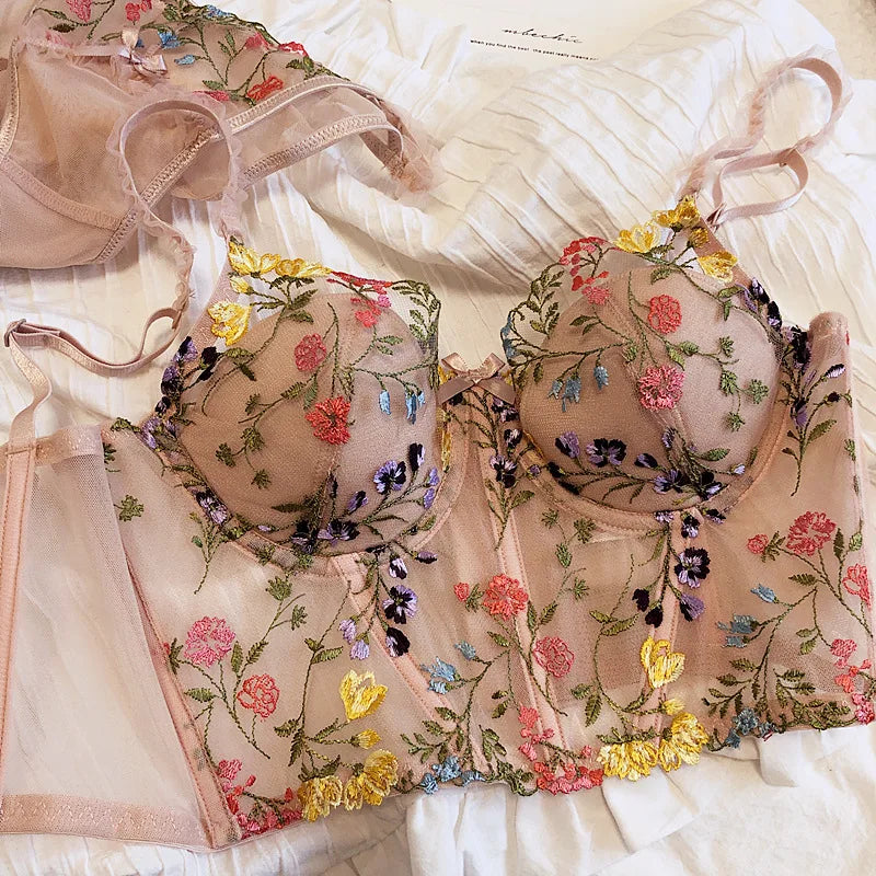 6 Breasted Extended Embroidered Bra And Panty Set, Floral Lace Women Underwear Sexy Female Thin Cotton Cup Push Up Lingerie Suit