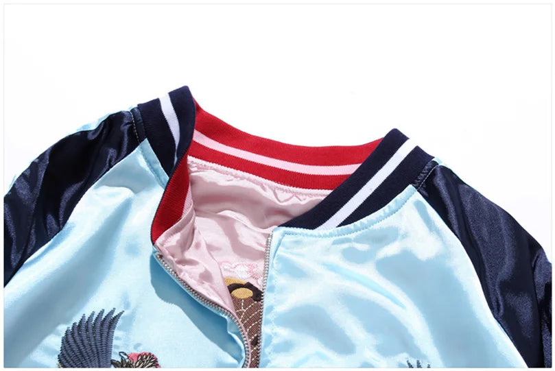 Double Sided Satin Baseball Jacket Women Sukajan Bomber Jacket Female Girls Embroidery Coat 2026 Spring Autumn Pink Z1