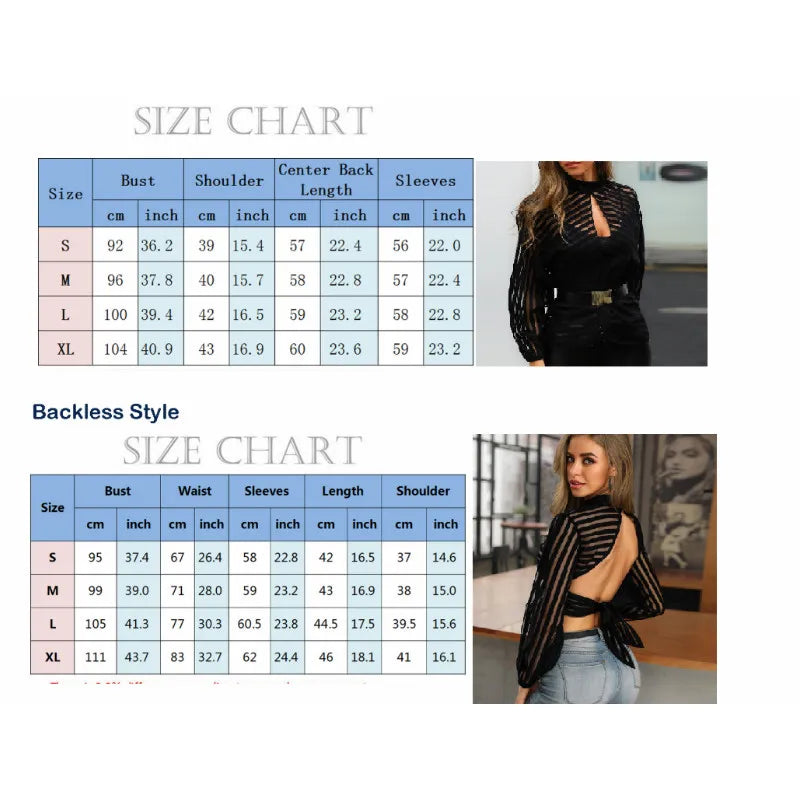 Women Mesh Lace Blouse Pull Long Sleeve Striped Mock Neck Back Button Sheer Shirt Loose Mesh See Through Wild Tops Clothes
