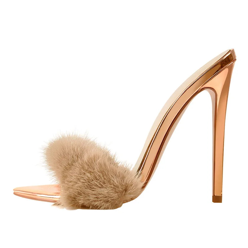Onlymaker Women Peep Toe Mules Artificial Fur Slip On Gold White Thin High Sandals Big Size High Quality Summer Brand Heels