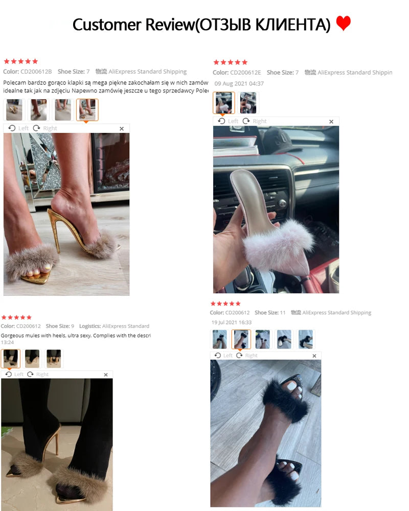 Onlymaker Women Peep Toe Mules Artificial Fur Slip On Gold White Thin High Sandals Big Size High Quality Summer Brand Heels
