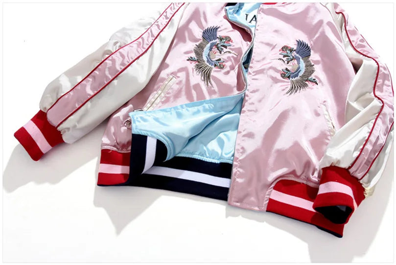 Double Sided Satin Baseball Jacket Women Sukajan Bomber Jacket Female Girls Embroidery Coat 2026 Spring Autumn Pink Z1