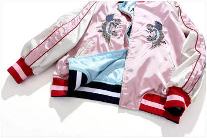 Double Sided Satin Baseball Jacket Women Sukajan Bomber Jacket Female Girls Embroidery Coat 2026 Spring Autumn Pink Z1