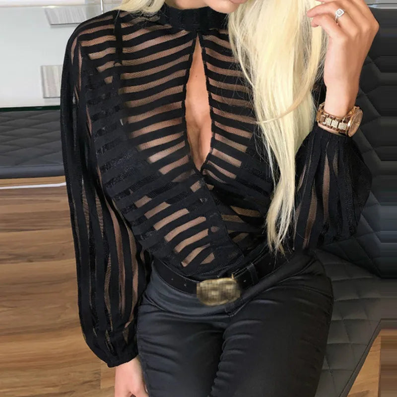Women Mesh Lace Blouse Pull Long Sleeve Striped Mock Neck Back Button Sheer Shirt Loose Mesh See Through Wild Tops Clothes
