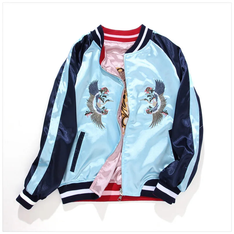 Double Sided Satin Baseball Jacket Women Sukajan Bomber Jacket Female Girls Embroidery Coat 2026 Spring Autumn Pink Z1