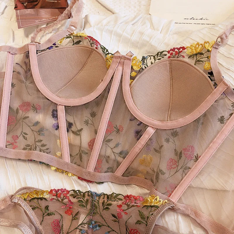 6 Breasted Extended Embroidered Bra And Panty Set, Floral Lace Women Underwear Sexy Female Thin Cotton Cup Push Up Lingerie Suit
