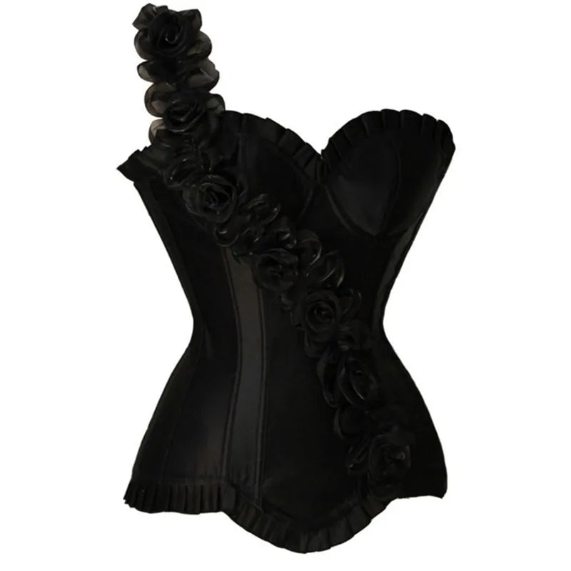 Women's Sexy Body Shaper Overbust Corsets and Bustiers Top Lace-up One Shoulder Strap Flower Boned Korset Burlesque Corsets