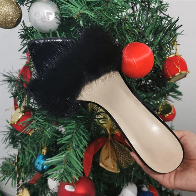 Onlymaker Women Peep Toe Mules Artificial Fur Slip On Gold White Thin High Sandals Big Size High Quality Summer Brand Heels