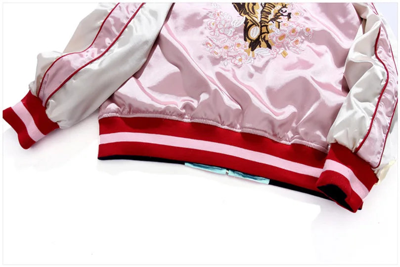 Double Sided Satin Baseball Jacket Women Sukajan Bomber Jacket Female Girls Embroidery Coat 2026 Spring Autumn Pink Z1
