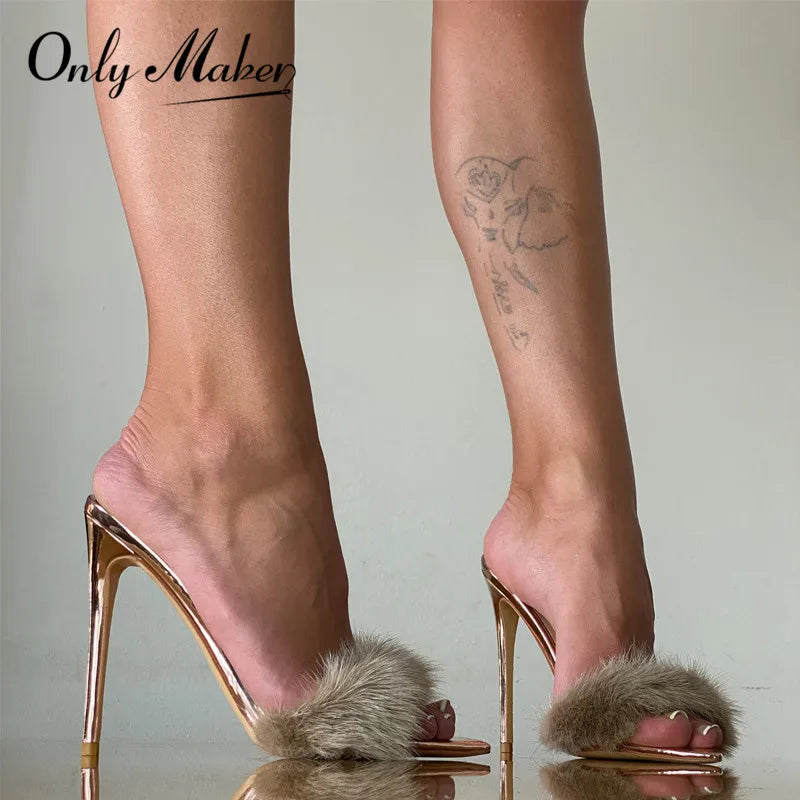 Onlymaker Women Peep Toe Mules Artificial Fur Slip On Gold White Thin High Sandals Big Size High Quality Summer Brand Heels