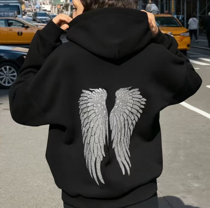 Spring autumn Women's Hoodie Trousers 2piece Set Solid Vintage Shiny Wing Print Long Sleeve Zip Up Casual Sweatshirt Streetwear