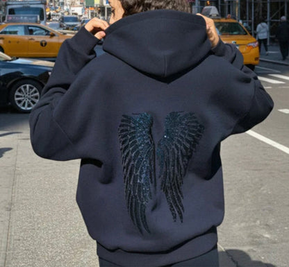 Spring autumn Women's Hoodie Trousers 2piece Set Solid Vintage Shiny Wing Print Long Sleeve Zip Up Casual Sweatshirt Streetwear