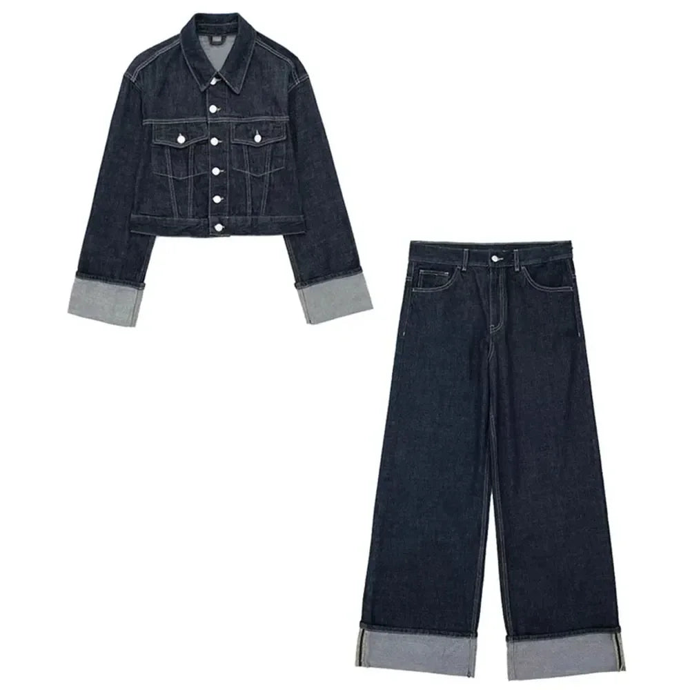 Women's Fashion Suit Retro Splicing Single-breasted Pocket Denim Jacket+High-waisted Women's Zippered Wide-leg Pants 2-piece Set