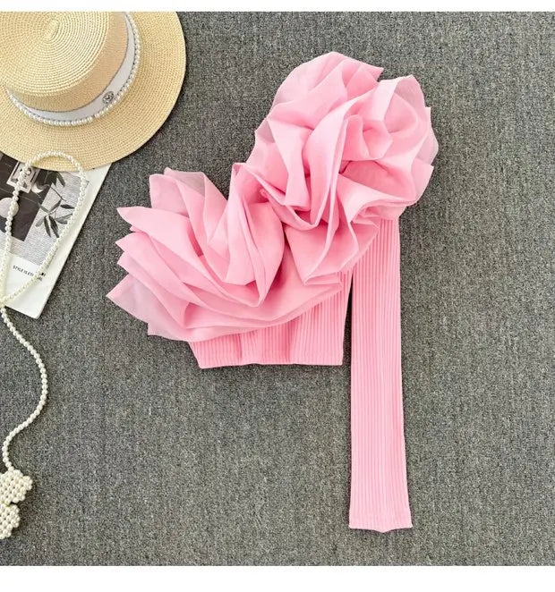 Retro Personali 3D Flower Slant Collar Single oulder Long Sve T-irt Women's Faion ort Sle Belly Button Baring Top