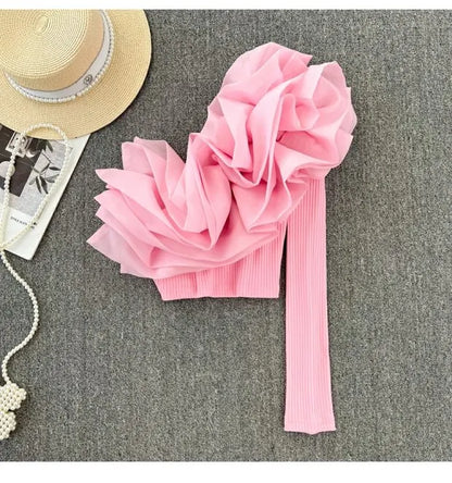 Retro Personali 3D Flower Slant Collar Single oulder Long Sve T-irt Women's Faion ort Sle Belly Button Baring Top