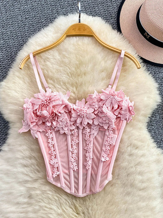 Slimming Floral Lace Crop Top Women's Summer Fashion Fishbone Design Strap Vest Breathable Short Style Sexy European Style