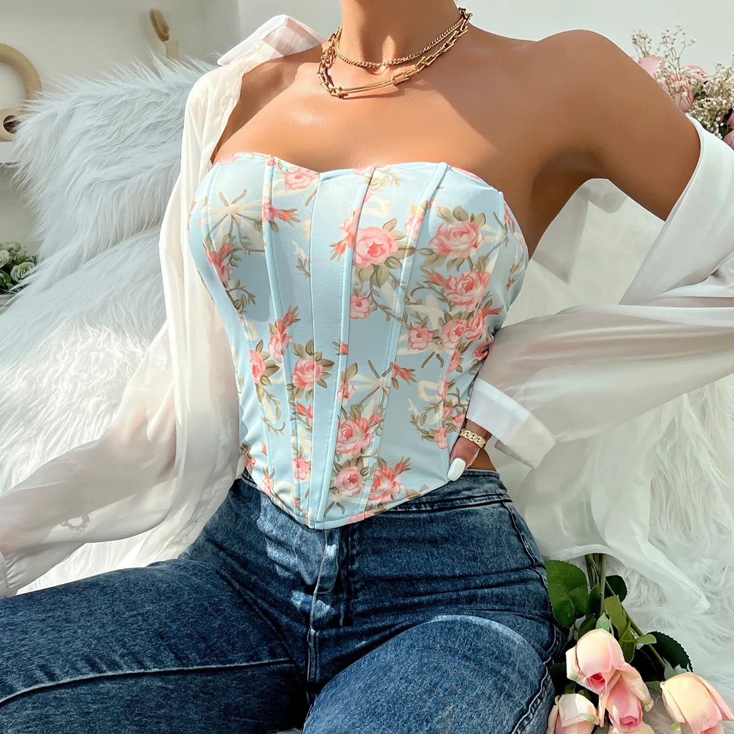 Women Floral Top Sexy Spicy Girl Tank Top Low cut Open Back Flower Wrapped Chest Diamond Fish Bone Strap Waist Vest Tank Top Y2K