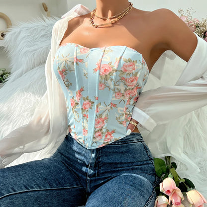 Women Floral Top Sexy Spicy Girl Tank Top Low cut Open Back Flower Wrapped Chest Diamond Fish Bone Strap Waist Vest Tank Top Y2K