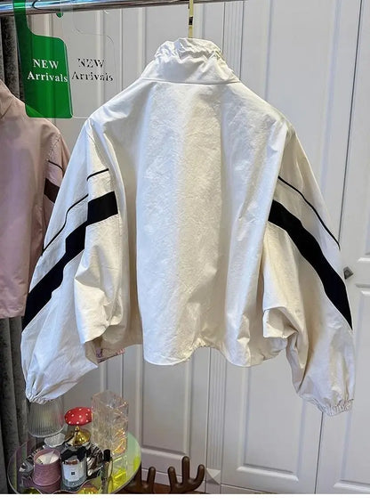 American retro drawstring black and white contrast stitching coat women's autumn new loose leisure sports baseball uniform