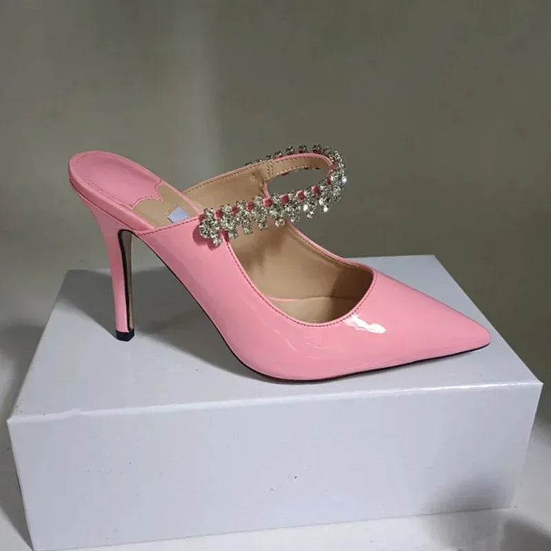 Women's Sandals 2026 New High Heels Fashion Water Diamond Chain Banquet Pointed Fine Heels Women's Muller Shoes
