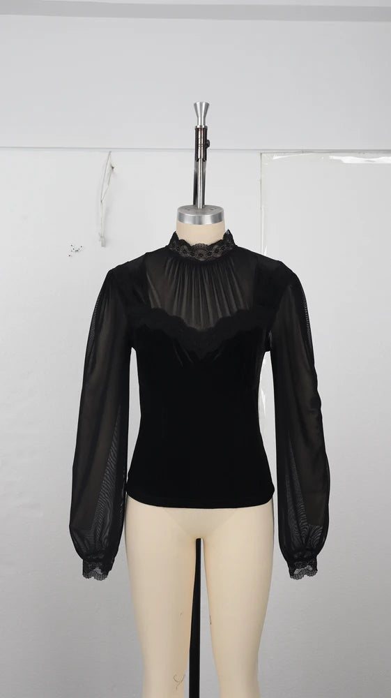 Women's Spring/Fall 2026 New Arrival Elegant Lace-Panel Cutout Bell-Sleeve Tie-Waist Top Everyday Lace-Panel Design